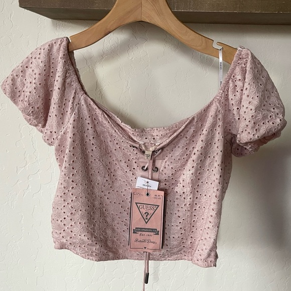 Guess| Beatrix Square Neck Eyelet Crop Top w Puff Sleeve & Tie Detail•••Size M - Picture 4 of 16